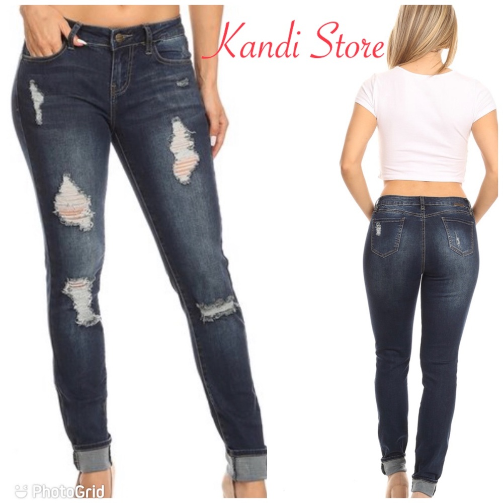 Medium Blue skinny destroy folded ankle hem